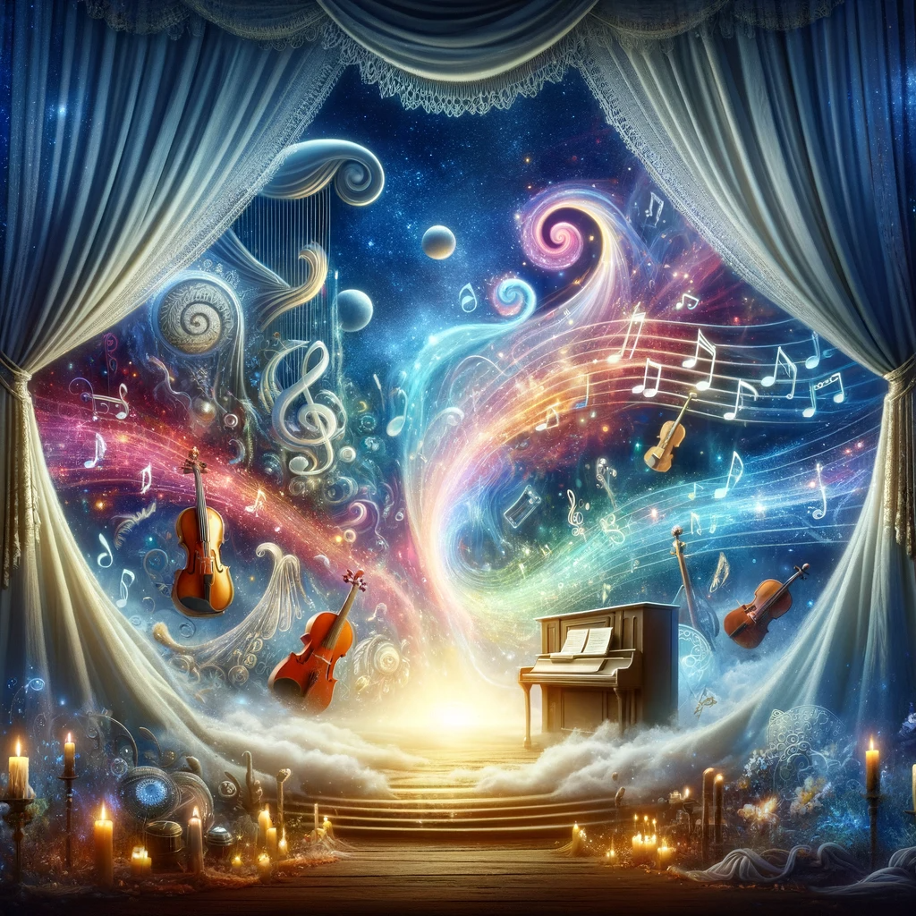 An ethereal scene with a magical curtain revealing a world of floating musical instruments and colorful notes under a starlit sky.
